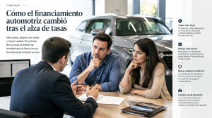 Ejecutivo de agencia analizando cifras de financiamiento automotriz en México junto a un auto nuevo en sala de ventas