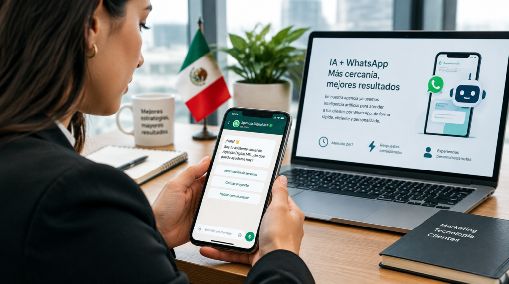 Pantalla de WhatsApp con respuestas automatizadas de IA WhatsApp en una agencia automotriz mexicana