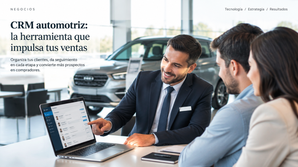 Gerente de ventas revisa el tablero de un CRM automotriz con leads y seguimiento en una agencia de autos