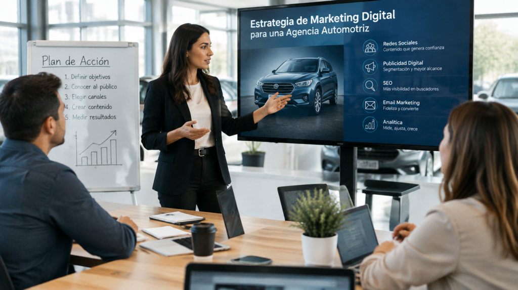 Equipo de ventas de una agencia automotriz revisa en pantalla su estrategia de marketing digital y el tablero de leads