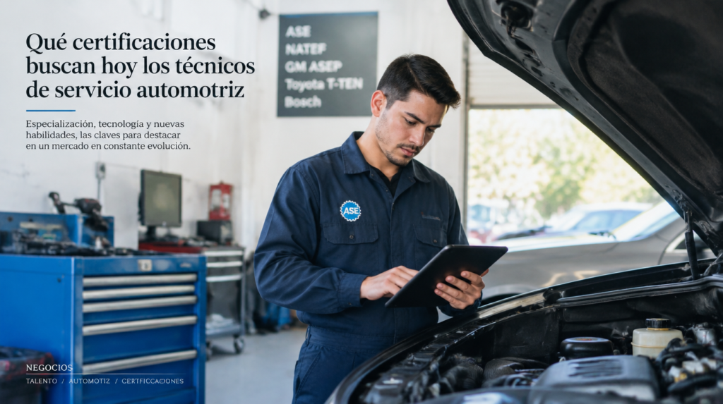 Técnicos automotrices certificados revisan un vehículo híbrido en el taller de servicio de una agencia