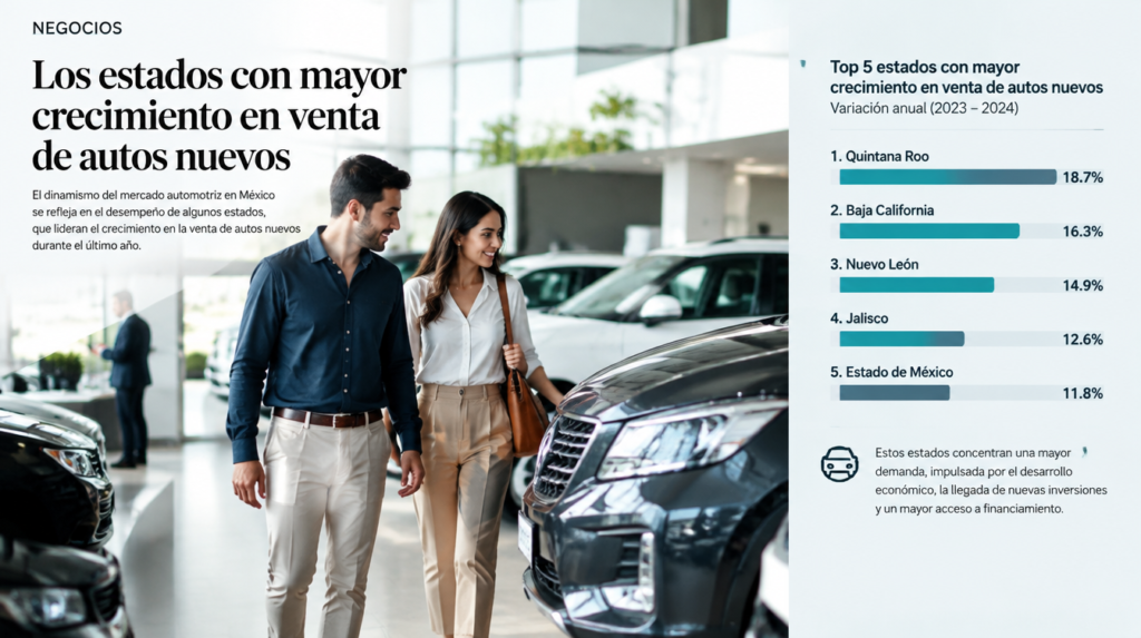 Venta de autos nuevos por estado: Zacatecas, Veracruz y Puebla lideran el crecimiento en 2026 Mapa de México con el ranking de venta de autos nuevos por estado en 2026, con Zacatecas y Veracruz al alza